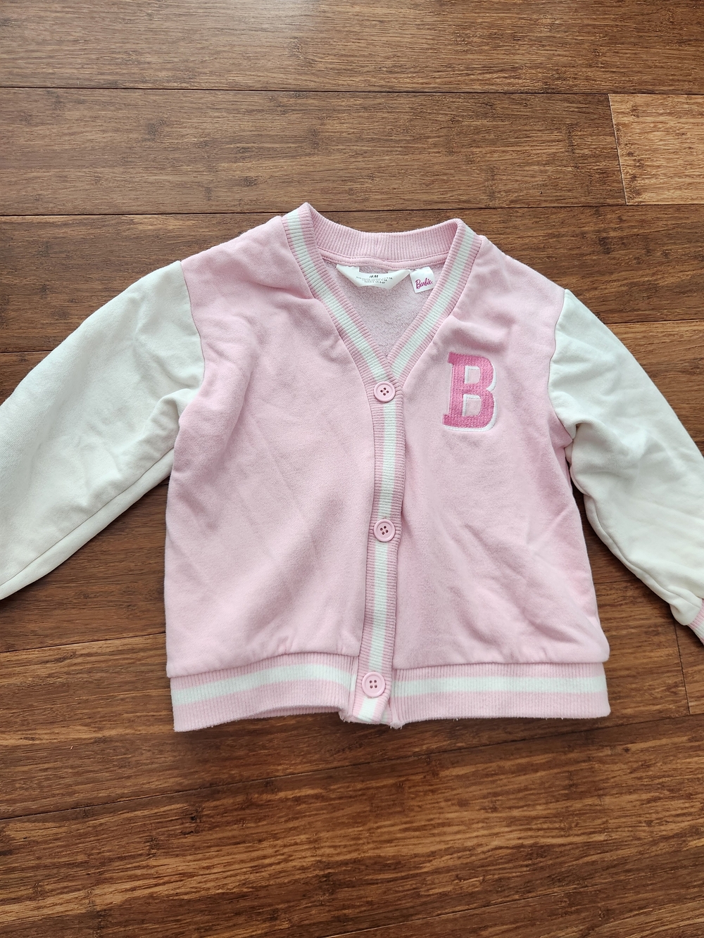 H&M Barbie Girl's Button-Front Pink Cardigan with Logo On Back, 5T